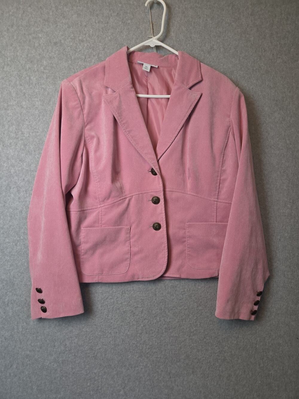 Dressbarn Pink Velour LS Cropped Button Up Blazer Jacket Women's PXL Stretch